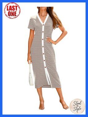 Ribbed Knit V-Neck Short Sleeve Striped Midi Dress Casual Summer Bodycon